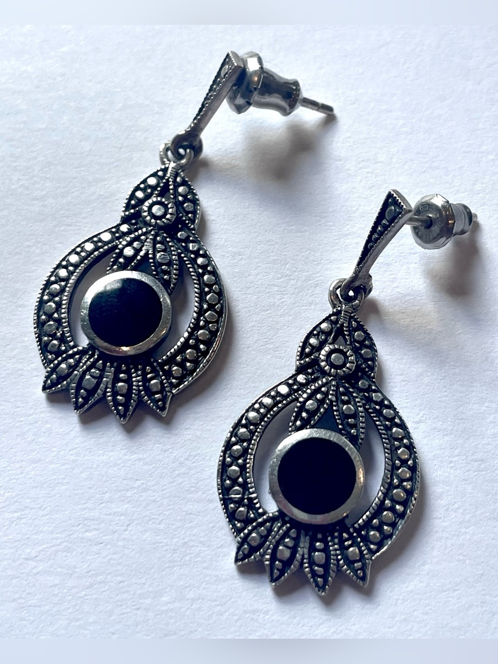 Antique 925 Sterling Silver & Marcasite Drop Earrings Art Deco Vintage